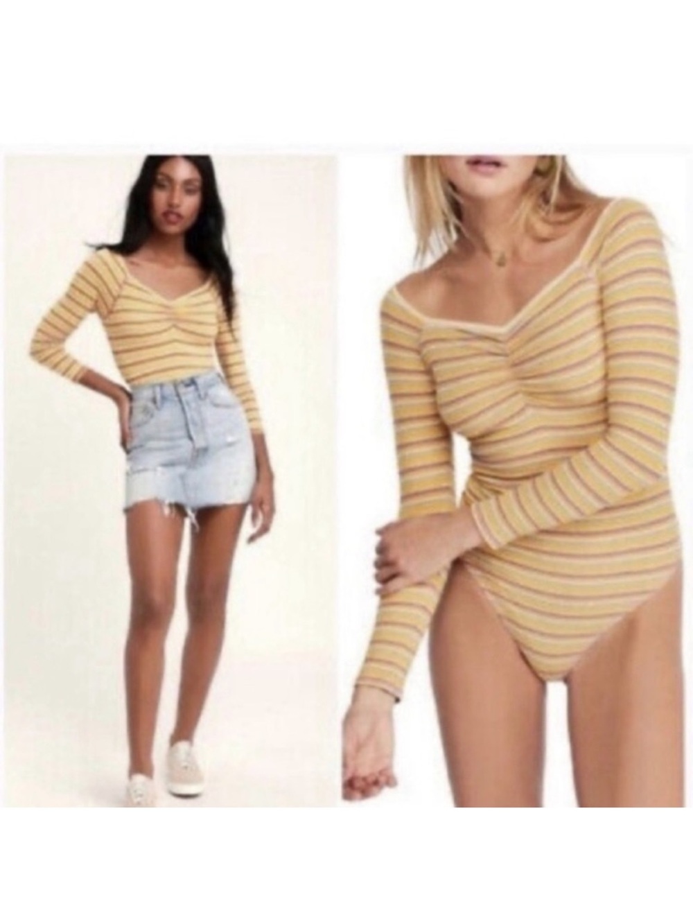 Free People Put A Stripe On It Bodysuit Size XS Yellow Golden